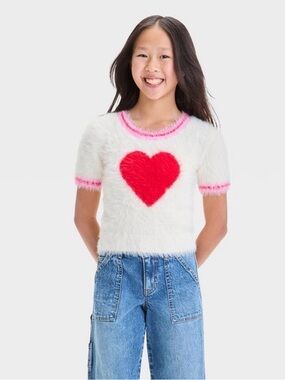 art class White Fuzzy Short-Sleeve Sweater with Red Heart and Pink Trim